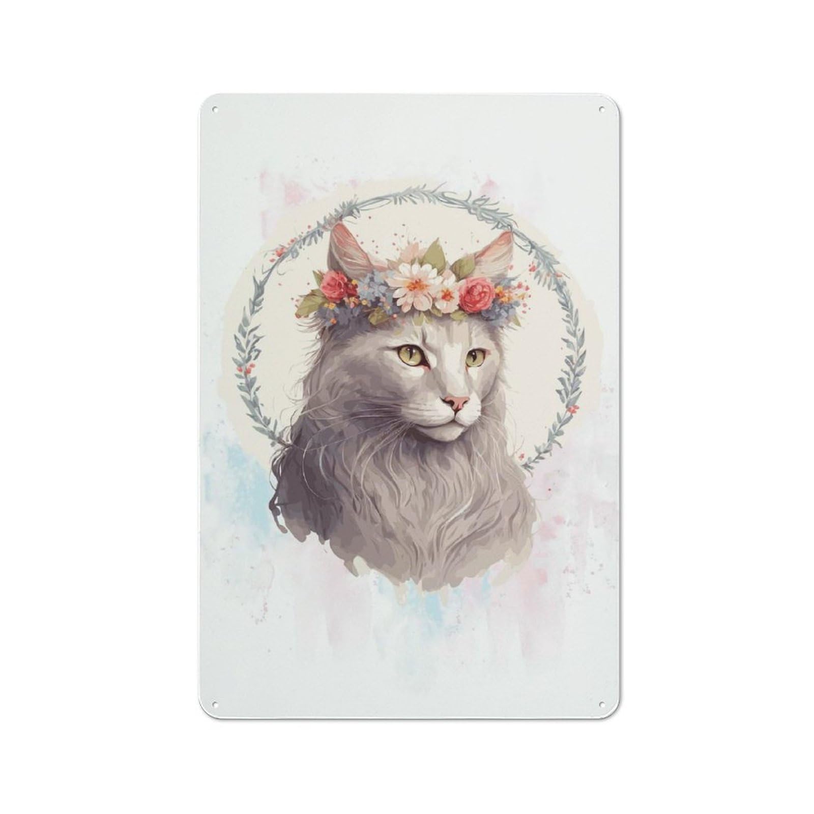 Junmoney Style-8 Understated Decorative Metal Sign 30X20cm Featuring Floral Turkish Angora Cat, Study Room Decor For Workspace, Cafe, Shop Or Desk Area