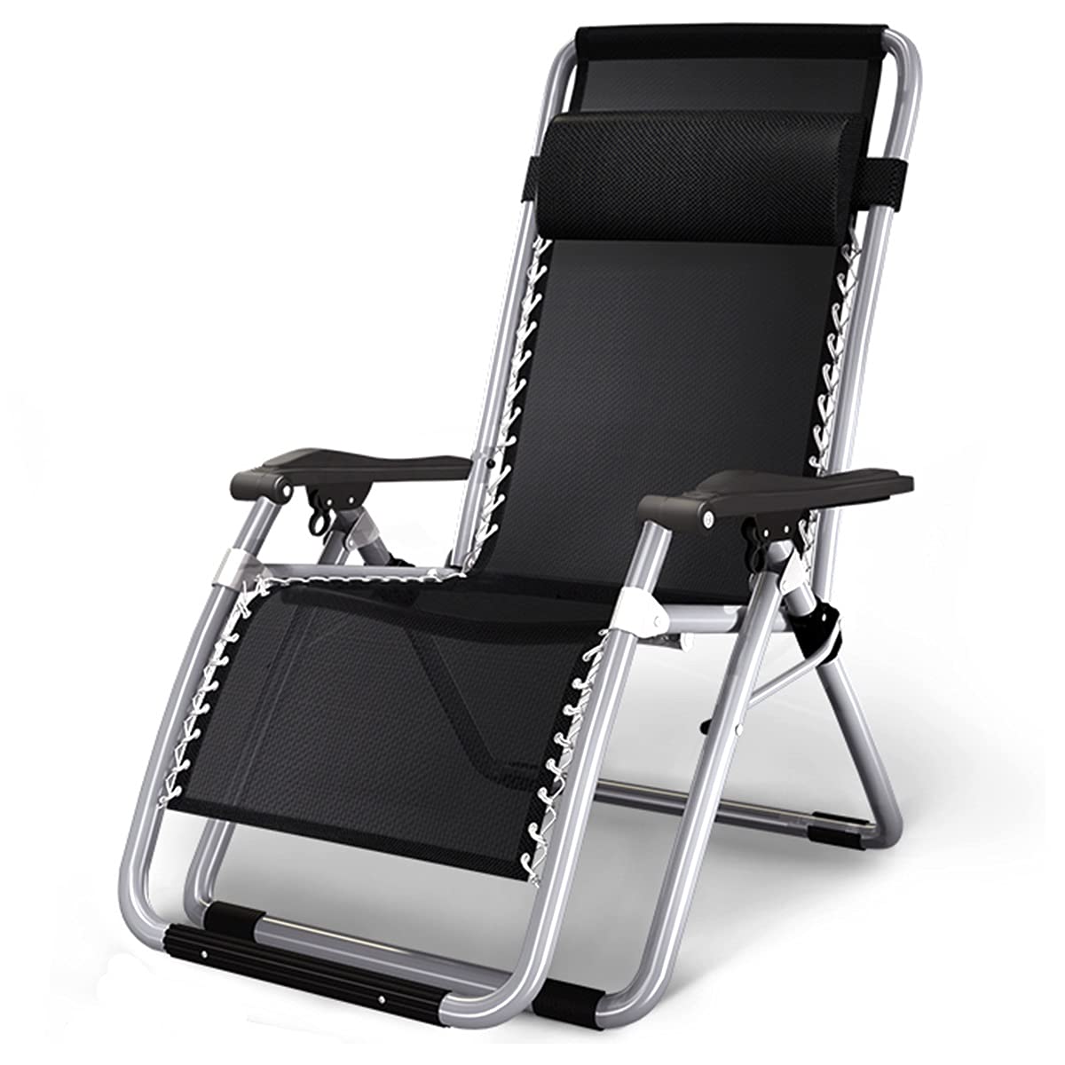 Juego de 2 tumbonas de jardín para exteriores, sillas reclinables y plegables con soporte para tazas y reposacabezas para interiores, exteriores, camping, color negro 180 x 67 cm