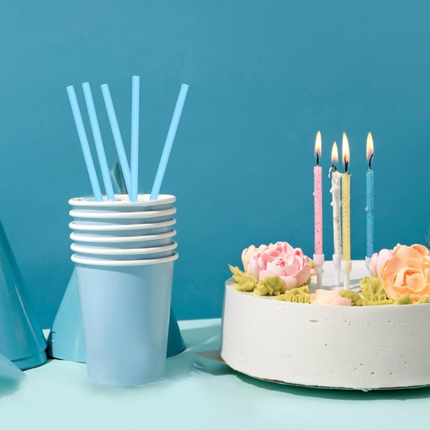 7.75'' x 0.24'' Disposable Solid Blue Unwrapped Paper Straws for Drinking 100 Counts - for Cocktail, Beverage, Cake Pops - Image 5