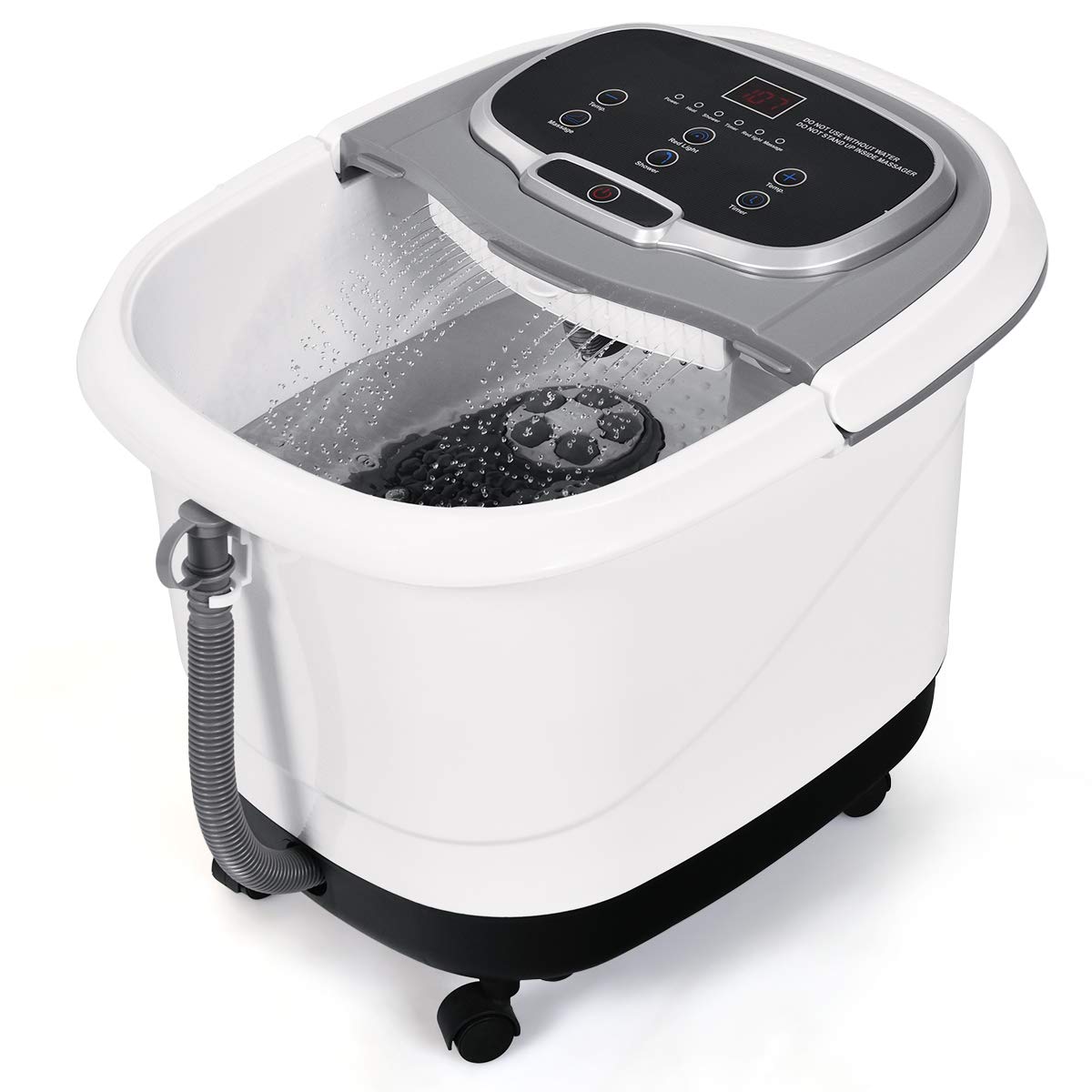 GOPLUS Bain de Pied Massant Chauffant avec Lumière Rouge et Fonction de Douche, Vibrant avec Bulles, Bain de Pieds Électrique avec Température et Temps Ajustable, 6 Rouleaux de Massage, 4 Roues (Gris)