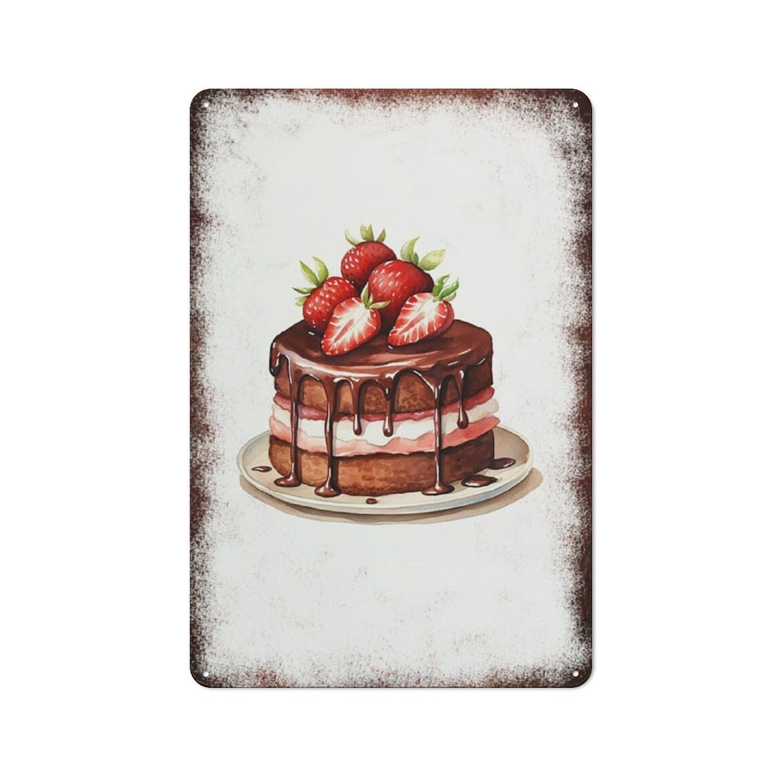 peiyeety Metal Tin Sign Chocolate Cake With Strawberry Topping Pattern Vintage Rustic Wall Art Kitchen Bathroom Bedroom Living Room Cafe Farmhouse Office Garage Home Bar Laundry Room Porch 8x12 Inch