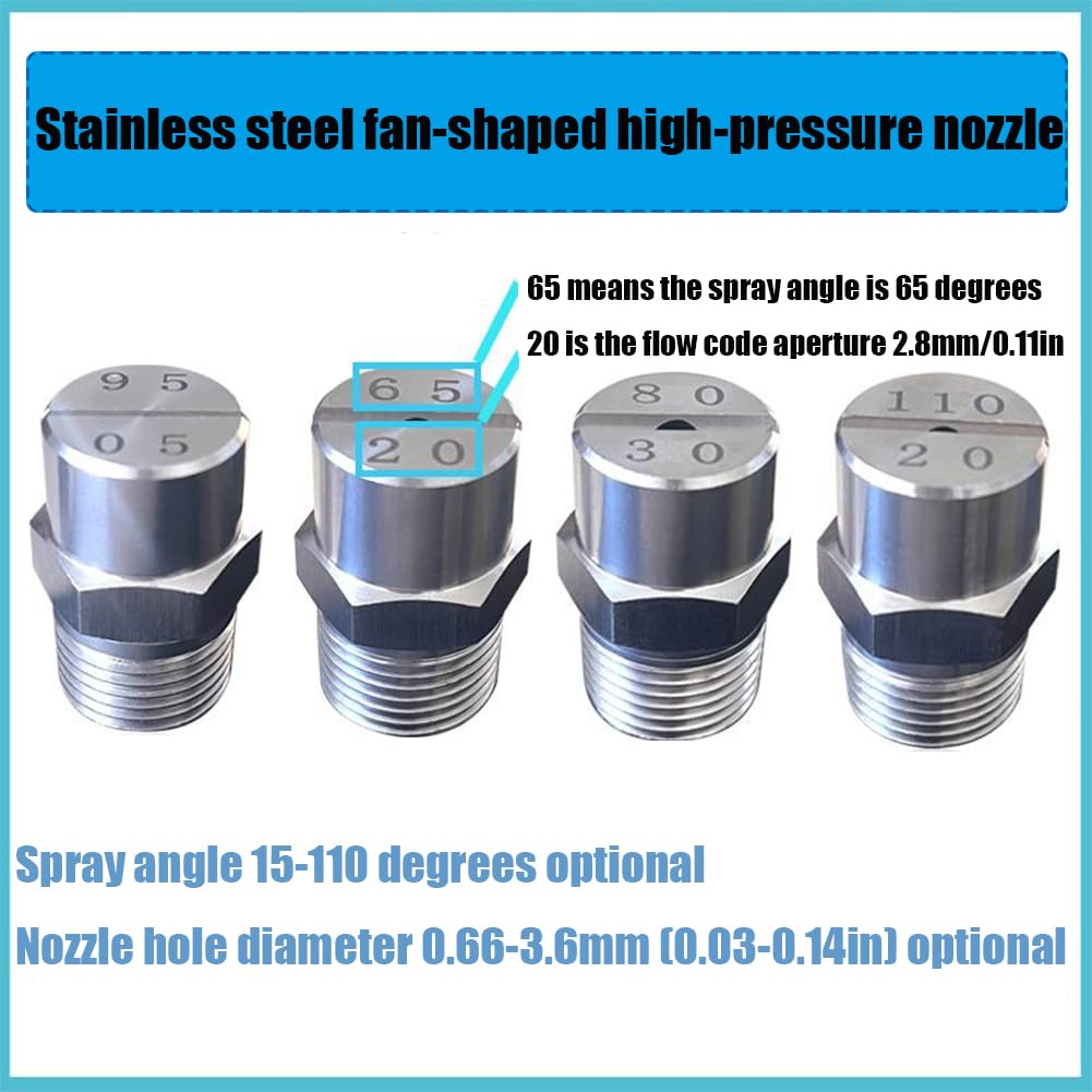 Buse de nettoyeur haute pression à ventilateur plat 6 pièces 1/8, 1/4, 3/8, 1/2 filetage externe Buse en acier inoxydable 304 25°/40°/50°/65°/80°/95°/110° Alésage de 0,03 à 0,1 1/4 1.8mm(0.071in) 25°