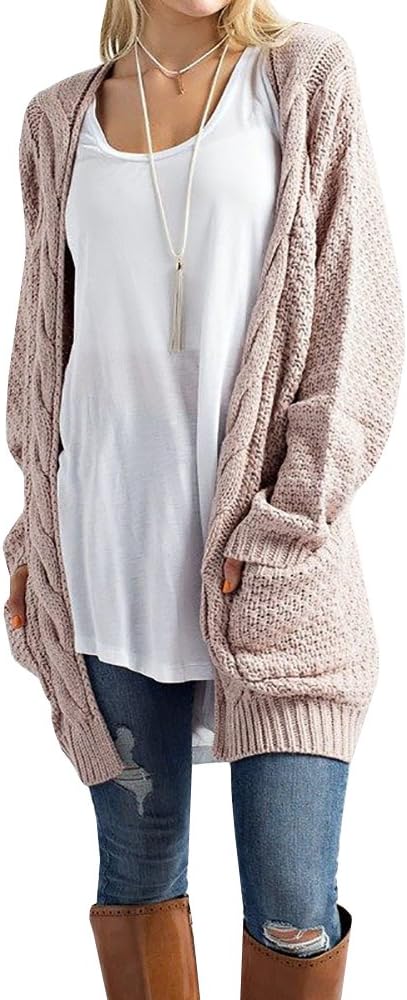 Sherrylily Womens Casual Knit Open Front Long Sleeve Cardigans with Packets Khaki