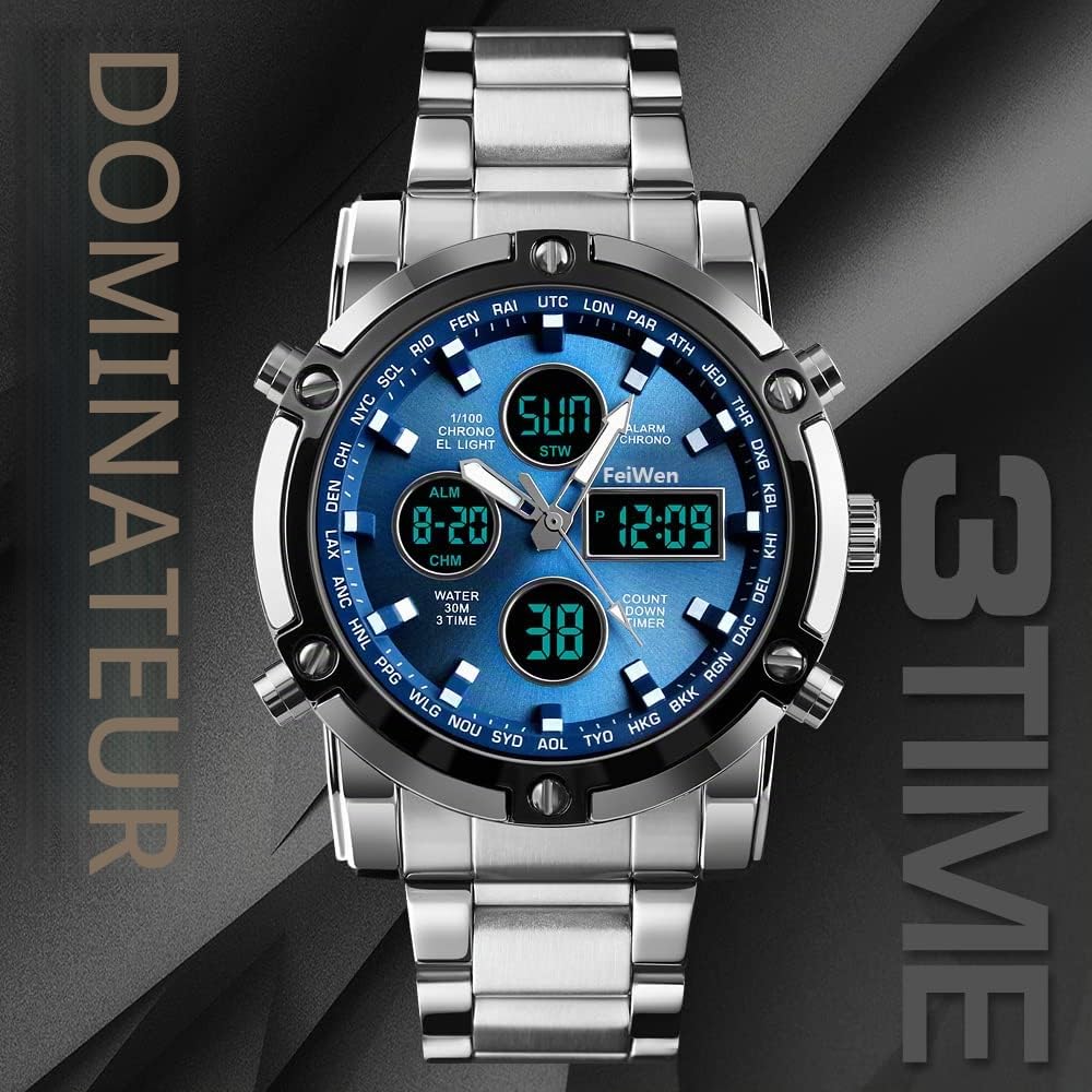 Mode Acier Inoxydable Montres Bracelet de Homme Analogique Quartz LED Digital Temps Trois Outdoor Multifonctionnel Montre Alarme Chronomètre 12H/24H Calendrier Décontracté Style