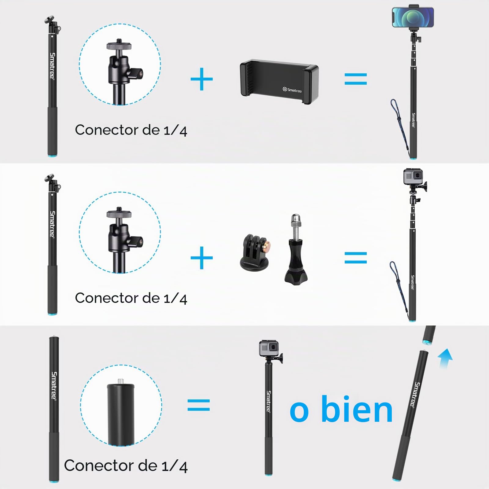 Smatree SmaPole Extensable Selfie Stick, pértiga telescópica para GoPro Fusion, GoPro Hero 13/12/11/10/9/8/7/6/5/4/3/2/1/Session y dji Osmo Action 3/2(Versión extendida 43-221cm)