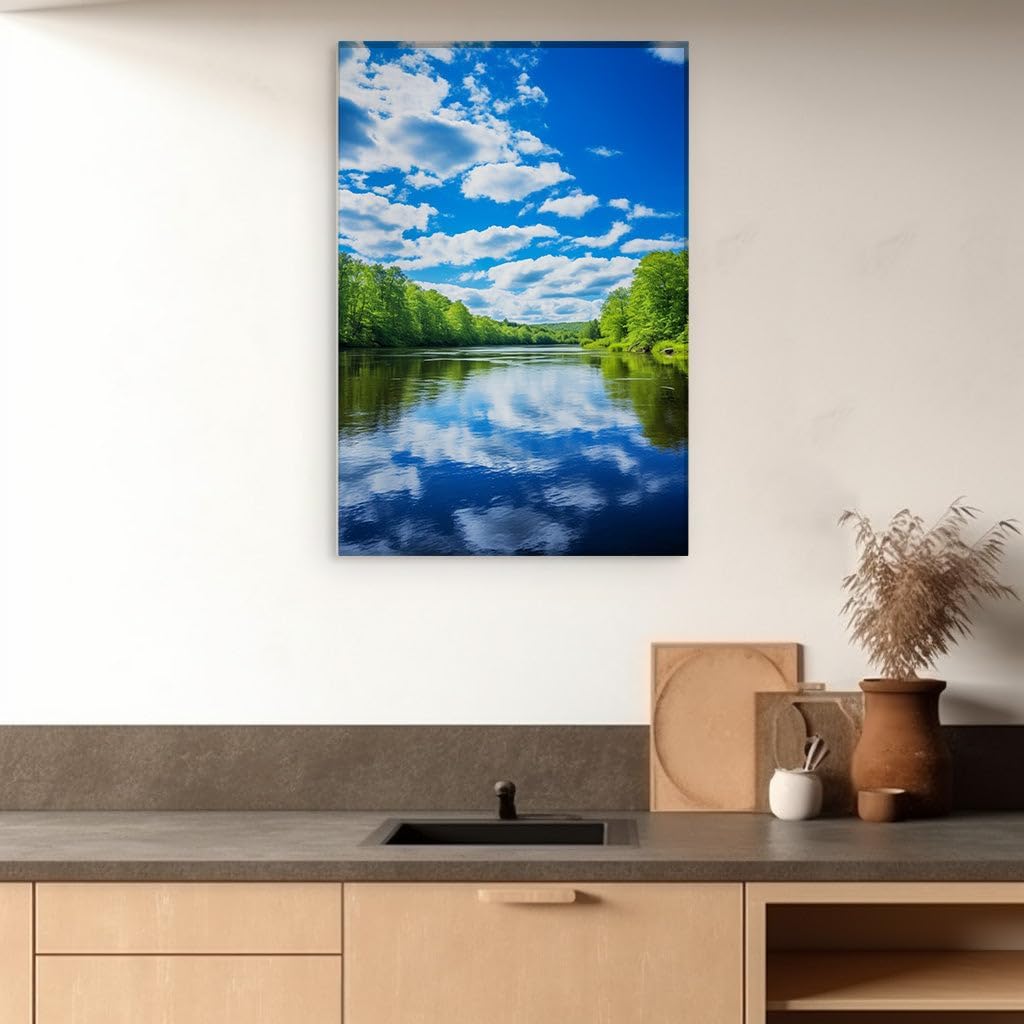 Canvas for Living room. Embracing Serenity: A Peaceful River Journey Cradled by Nature's Embrace, 27 x 18 inch Canvas Wall Art - Contemporary Masterpieces - Modern Home Decor - 69x46 cm (27x18 inch)