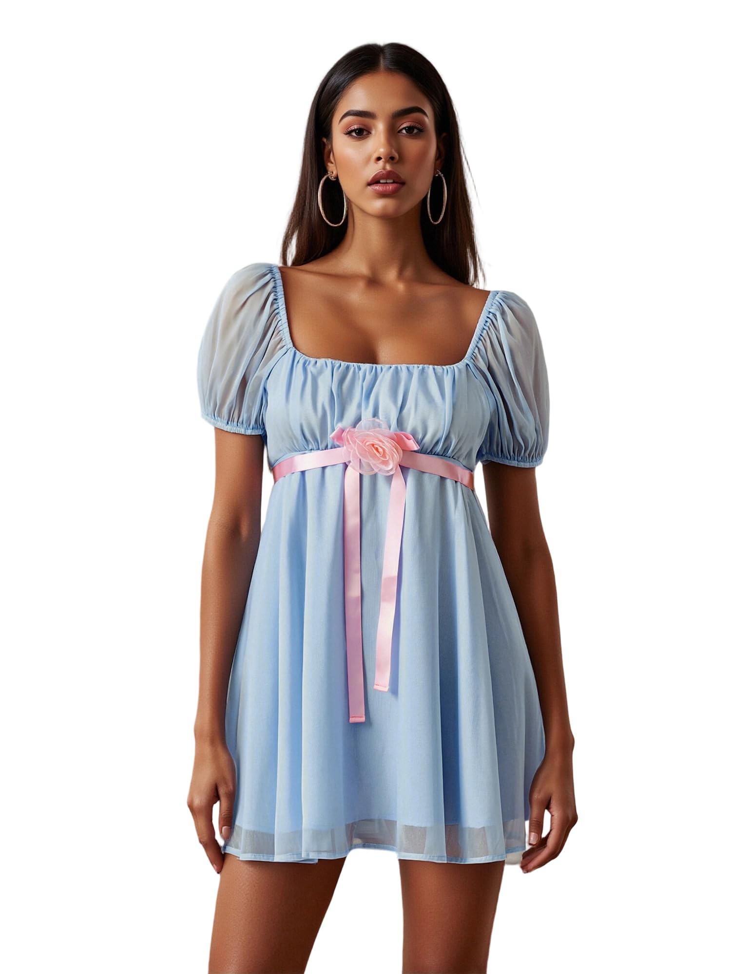LYSINK Women Halloween Costume Short Puff Sleeve Blue Doll Dress Sister Twins Cosplay Lolita Mini Dress (H1-a-Blue, S)
