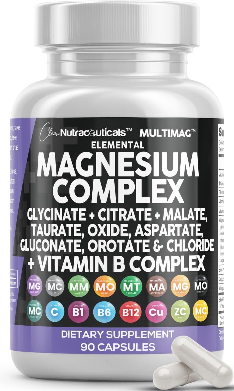 Clean Nutraceuticals Magnesium Complex with Magnesium Glycinate Citrate Malate Oxide Taurate Aspartate Orotate & Mag Chloride, Zinc Copper Manganese & Vitamin C B1 B2 B6 B12 Complex - 1Pack 90 Count (Pack of 1)