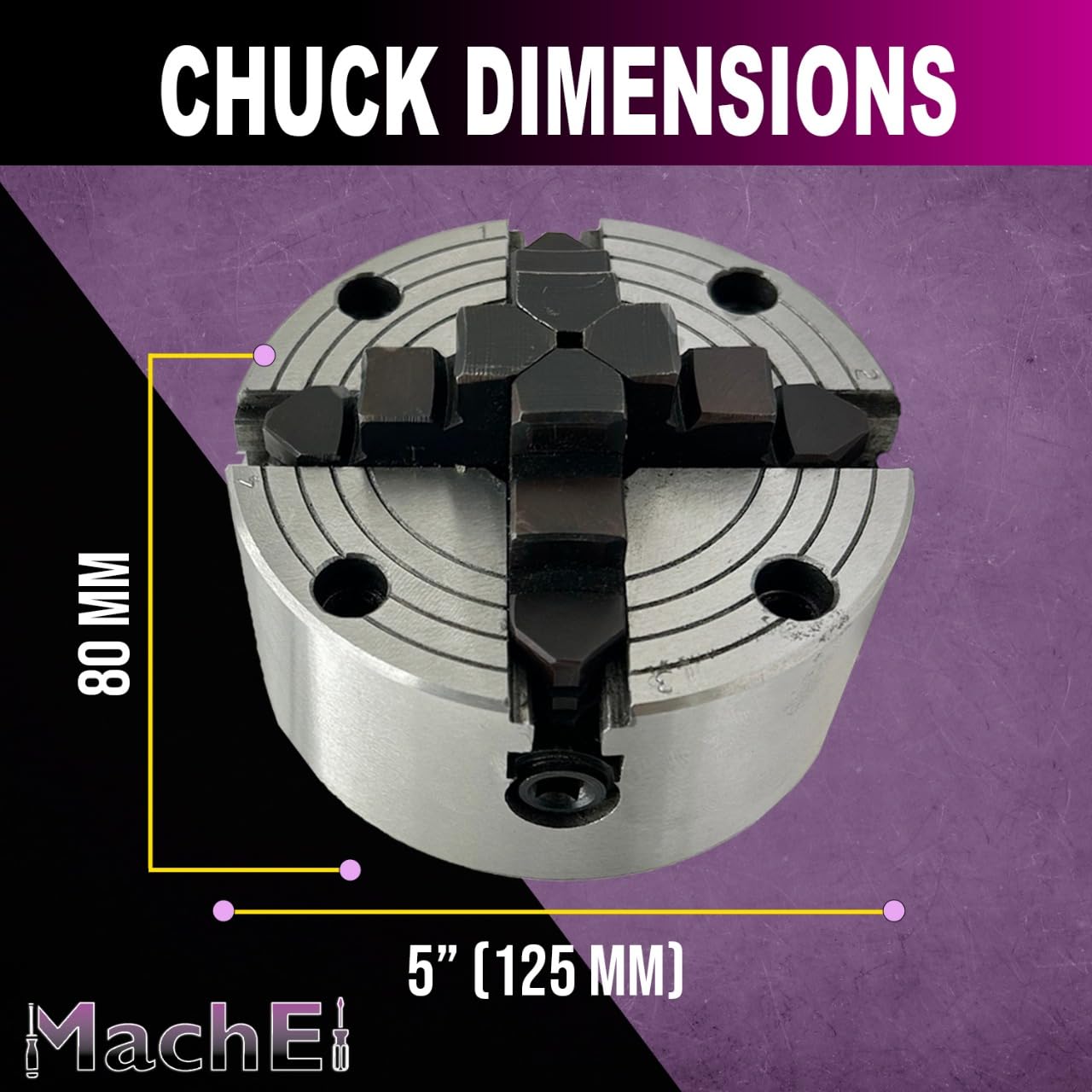 MachEl 5" (125 mm) 4-szczękowy niezależny uchwyt tokarski z żeliwną płytą tylną, gwint 1-1/20.3 cm x 12 UNF (2B), nadaje się do tokarki Myford, hartowane, odwracalne szczęki | precyzyjne narzędzie