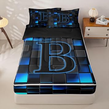 Erosebridal Black and Blue Kids Comforter Set with Zipper, Personalized Initial B Twin Size Zipper Bedding Set, Geometric Gamer Bed-in-A-Bag