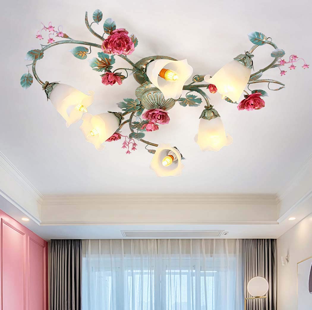 Rustikale Deckenleuchte Mit Blumen-Design – 3-armig, E14 Fassungen, Schmiedeeisen & Glas, Für Schlafzimmer & Esszimmer
