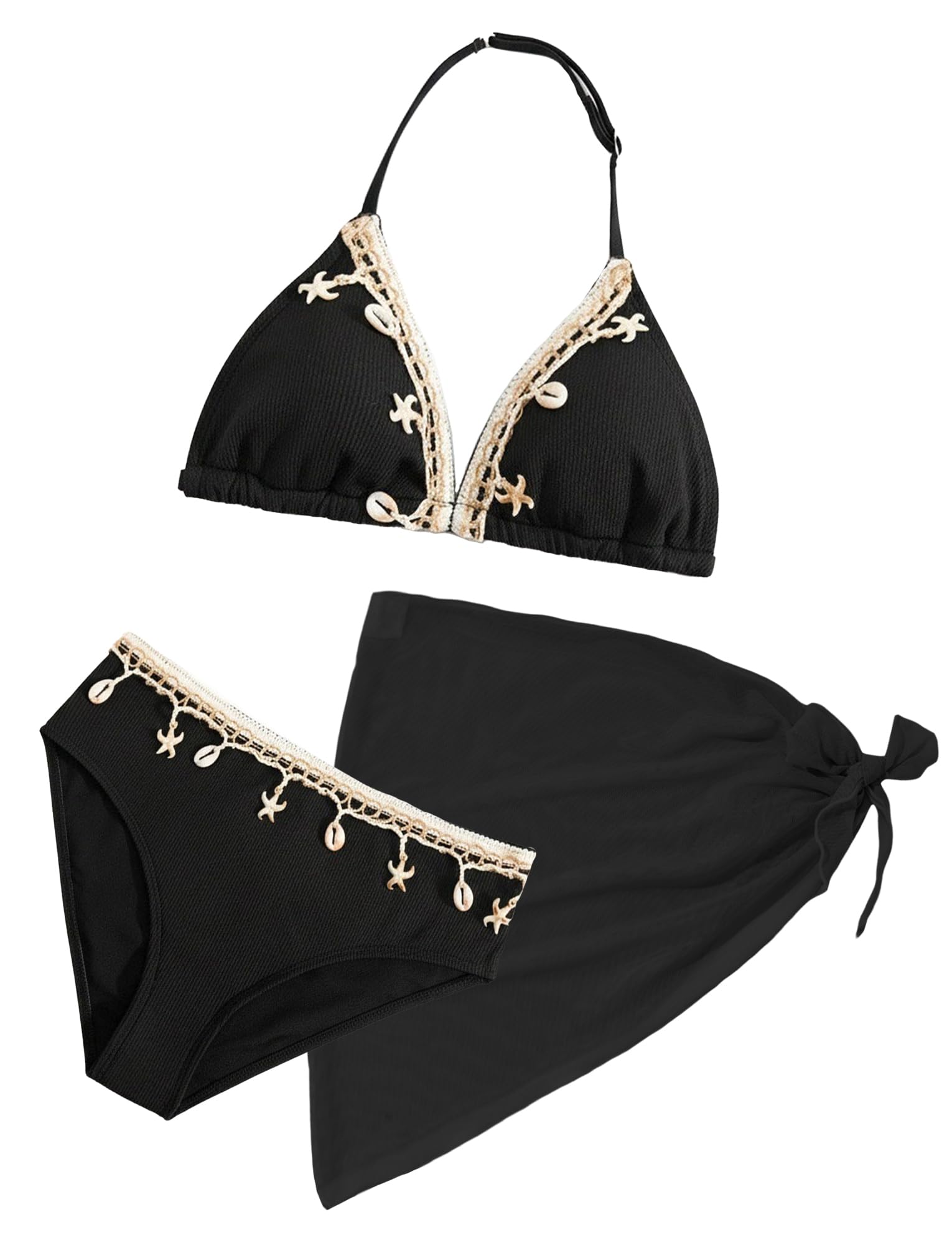 Conjunto de bikini de 3 piezas para niñas, acanalado con almohadilla en el pecho, espalda descubierta, cuello halter, triángulo, traje de baño con falda de playa, 8-12 años