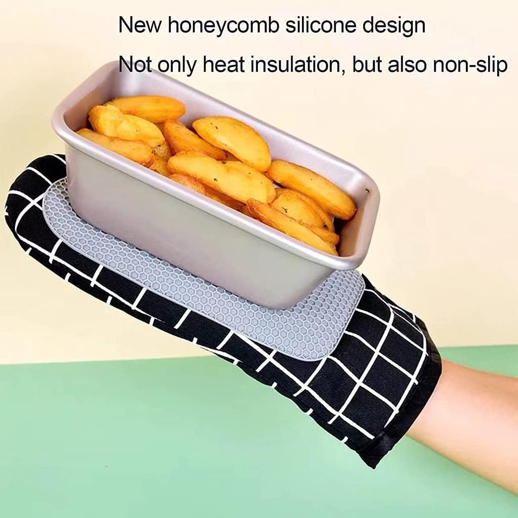 Oven Gloves, Silicone Oven Gloves, Cotton Lining and Non-Slip Surface, Square Stitched Heat Resistant Gloves for Kitchen, Baking, Grilling（Black）