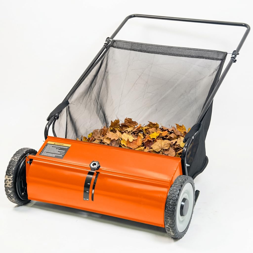 PPOLB 26" Push Lawn Sweeper, 7 cu.ft Large Capacity Yard Sweeper Push, 5:1 High-Density 4 Brushes, Adjustable Height, Heavy Duty Leaf Collector with Detachable Hopper, Rubber Wheels, Ergonomic Handle