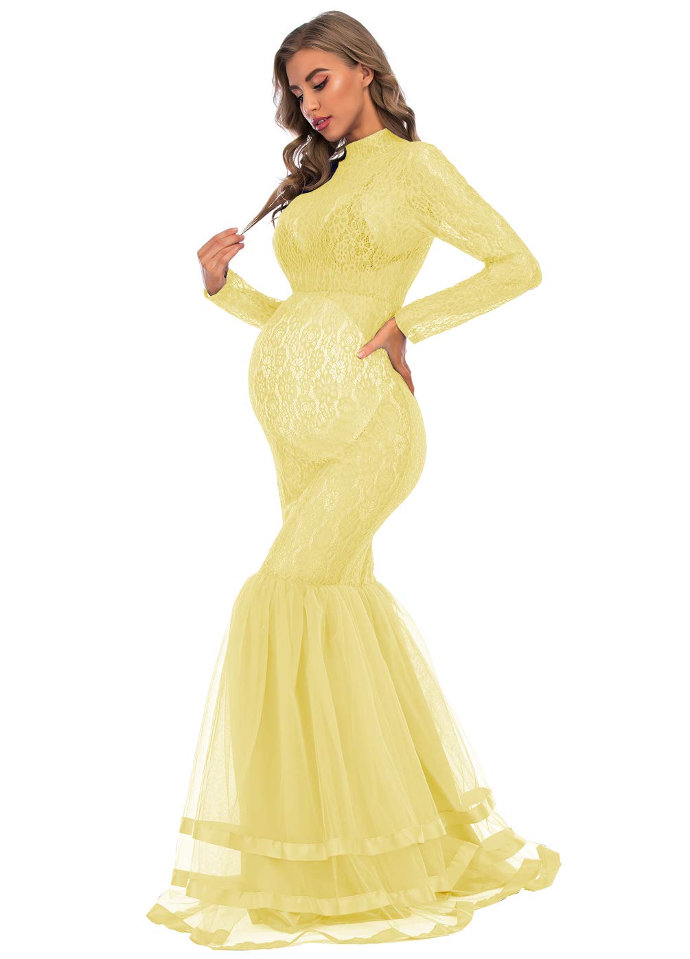CFWSHJ Abito Premaman Elegante in Pizzo Trasparente per Servizio Fotografico Abito Maxi tutù in Tulle a Maniche Lunghe per Foto