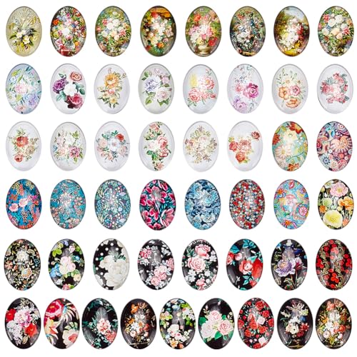 PH PandaHall 50pcs Oval Glass Cabochons, 25x18mm Flower Printed Glass Cabochons Vintage Mixed Color Mosaic Tile for Craft Photo Pendant Earring Necklace Keychain Jewelry Making