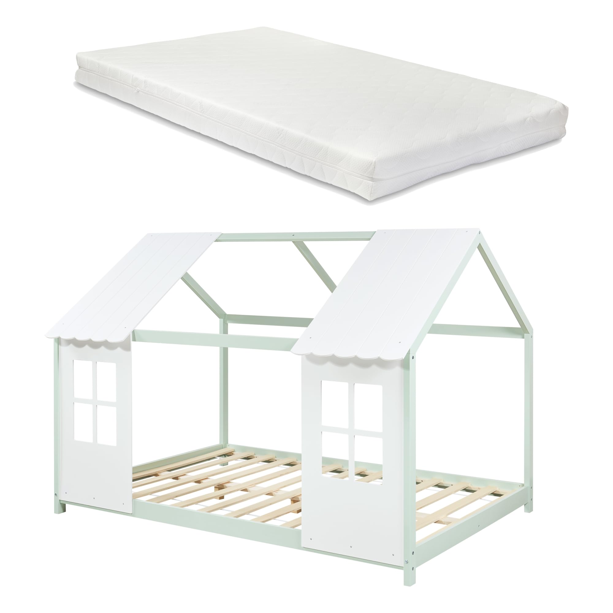 [en.casa] Cama Infantil Tostedt para Niños y Niñas en Forma de Casa con Ventanas y Techo Cama con Somier y Colchón máx. 200 kg Montessori 140 x 200 cm Madera de Pino - Verde Menta/Blanco