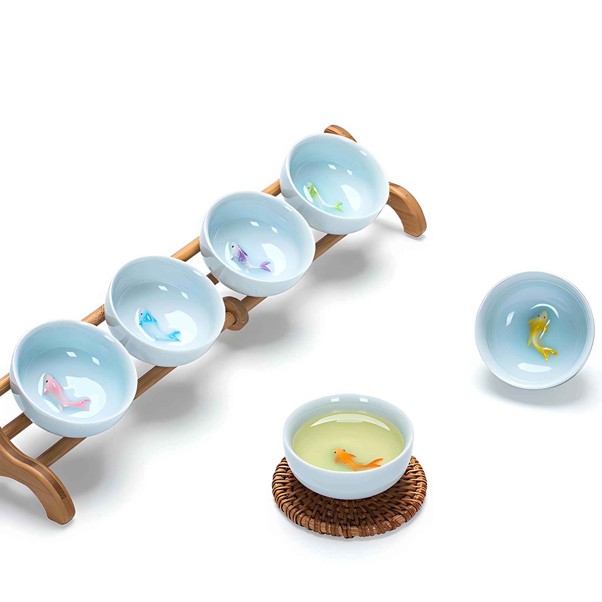 Yixing - Set 6 Tazze Da Tè Pesci Koi In Ceramica Celadon - Foto 7