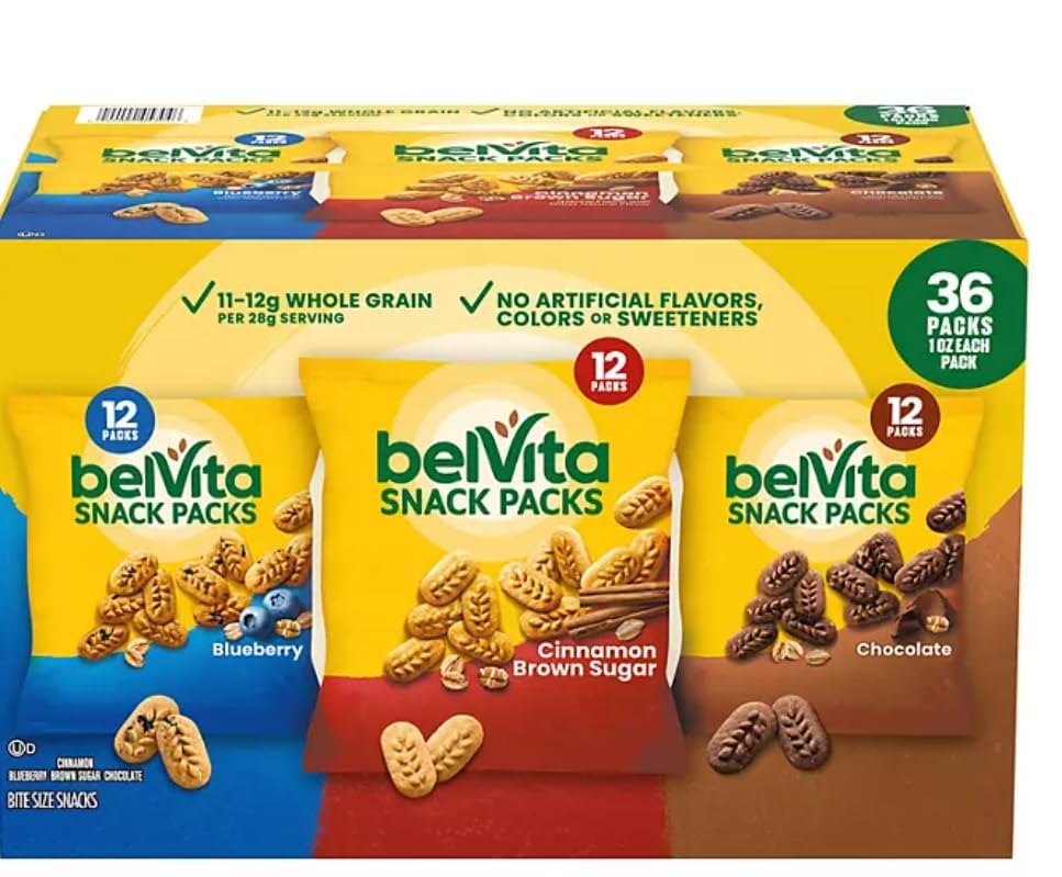 Express Minds llc - BelViIta Breakfast Biscuits Variety Packs | 3 Natural Flavors - 12 Chocolate belViIta Snack Packs, 12 Cinnamon Brown Snack Packs,
