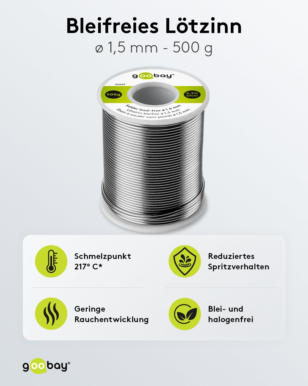 Goobay 51122 Soldeertin, loodvrij, ø 1 mm, soldeerdraad met vloeimiddel, 3,5% zilver en 0,7% koper, 217 °C smeltpunt, soldeert tin loodvrij solderen, 100 g