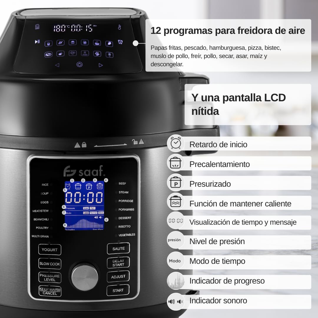 Saaf Multicooker con Airfryer – Set de 15 Piezas – 24 Programas – Slowcooker, Arrocera, Vaporizador & Olla a Presión – 6L – Incluye Cesta, Olla & Libro de Recetas – Pantalla Digital