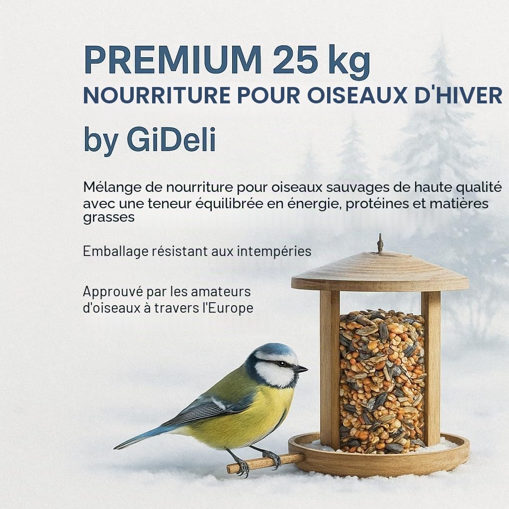 GiDeli Nourriture pour oiseaux sauvages d'hiver 30 kg – Nourriture pour oiseaux sauvages toute l'année – Nourriture pour mésanges pour jardin et balcon avec graines de lin riches en oméga-3, calcium