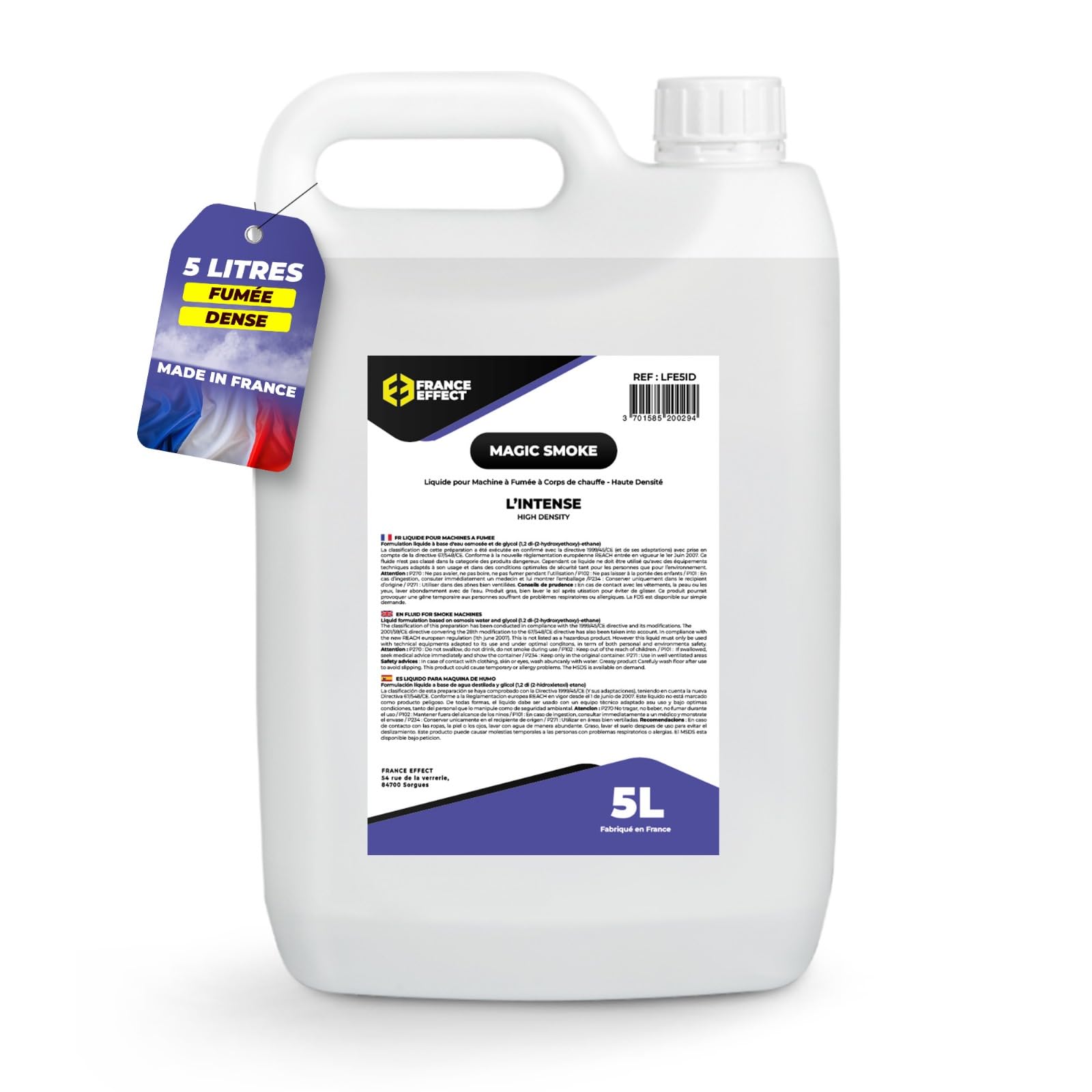 France Effect Liquide pour machine à fumée - L'INTENSE - Magic Smoke® 5L - Fumée dense, Biodégradable, Inodore. Economique. Fabriqué en France.