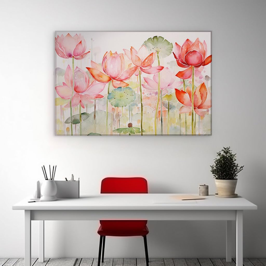 Canvas for Living room. Tranquil Elegance: Lotus Flowers in Full Bloom Adorn Vibrant Green Tapestry, 27 x 18 inch Canvas Wall Art - Contemporary Masterpieces - Botanical Home Decor - 27 x18 inch