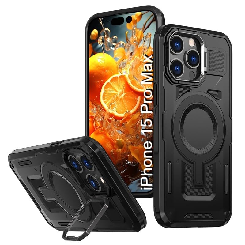 LuxuryKase Rugged Shockproof Magnetic Case for iPhone 15 Pro Max | Dual Layer TPU+PC Protection | Mag-Safe Compatible | Camera Guard Kickstand | Extreme Drop Resistance - Black