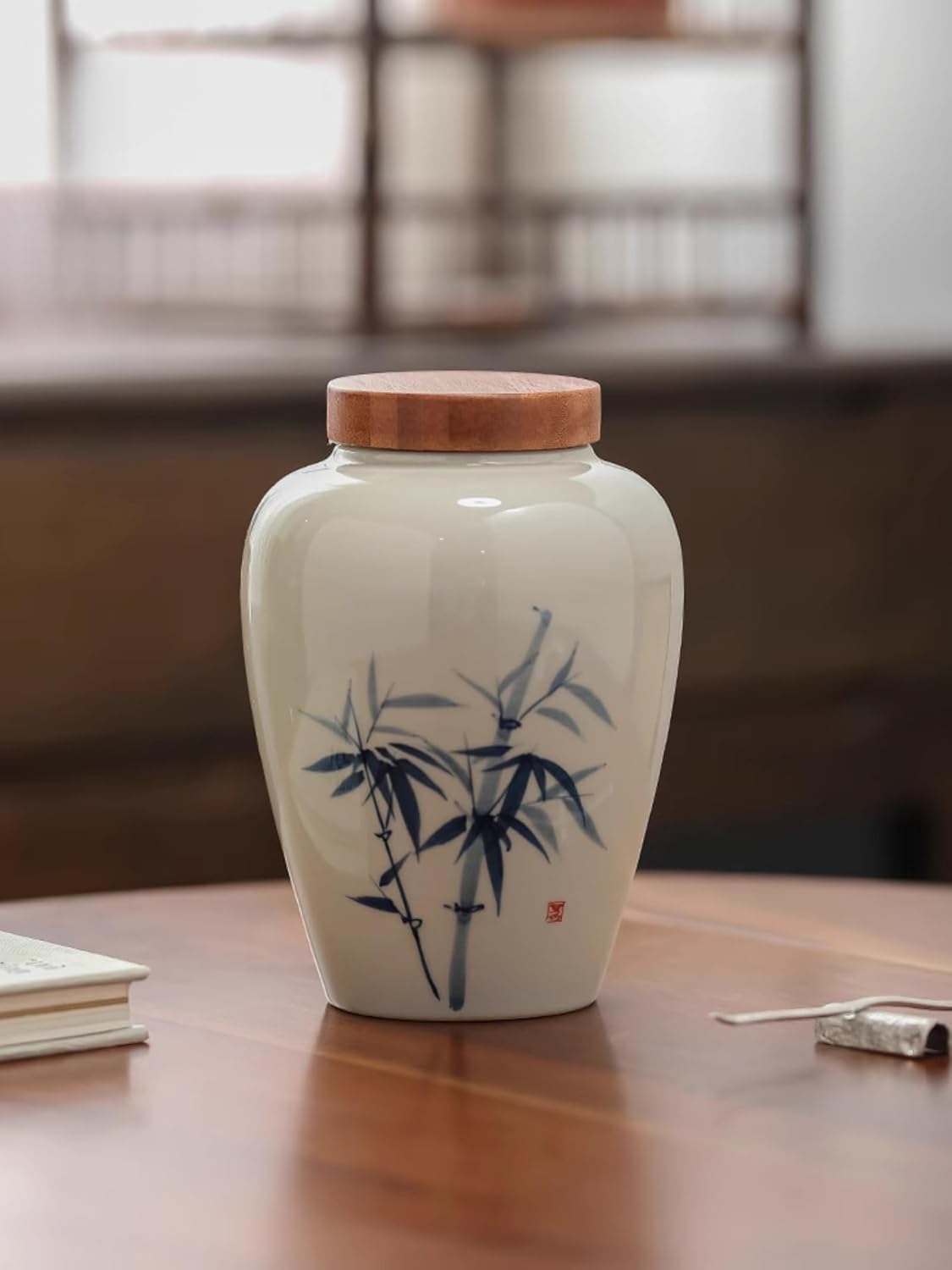 Underglaze Color Hand-drawn Ceramics Tea Caddy, 680ml 23oz, Chinese Style Storage Tank Tea Ceremony Accessories