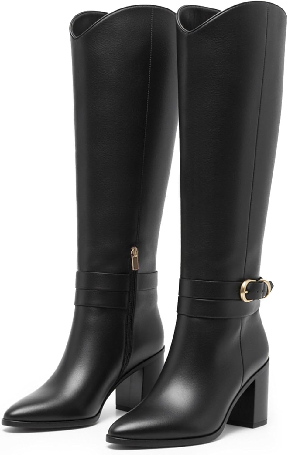 WIRALOMI Knee High Boots for Women Pointed Toe Chunky Heel Boots Metal Buckle Boots with Side Zipper