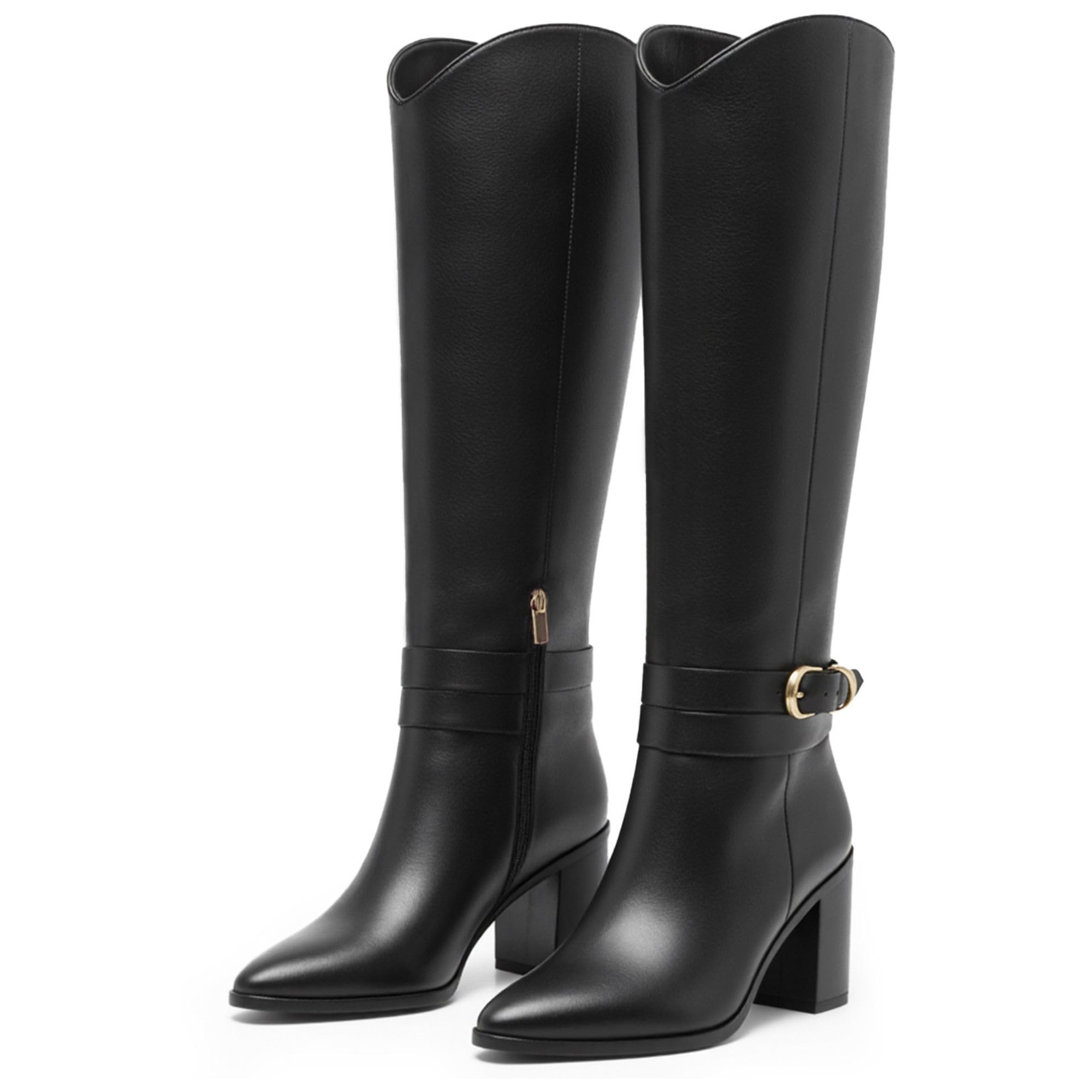 WIRALOMI Knee High Boots for Women Pointed Toe Chunky Heel Boots Metal Buckle Boots with Side Zipper