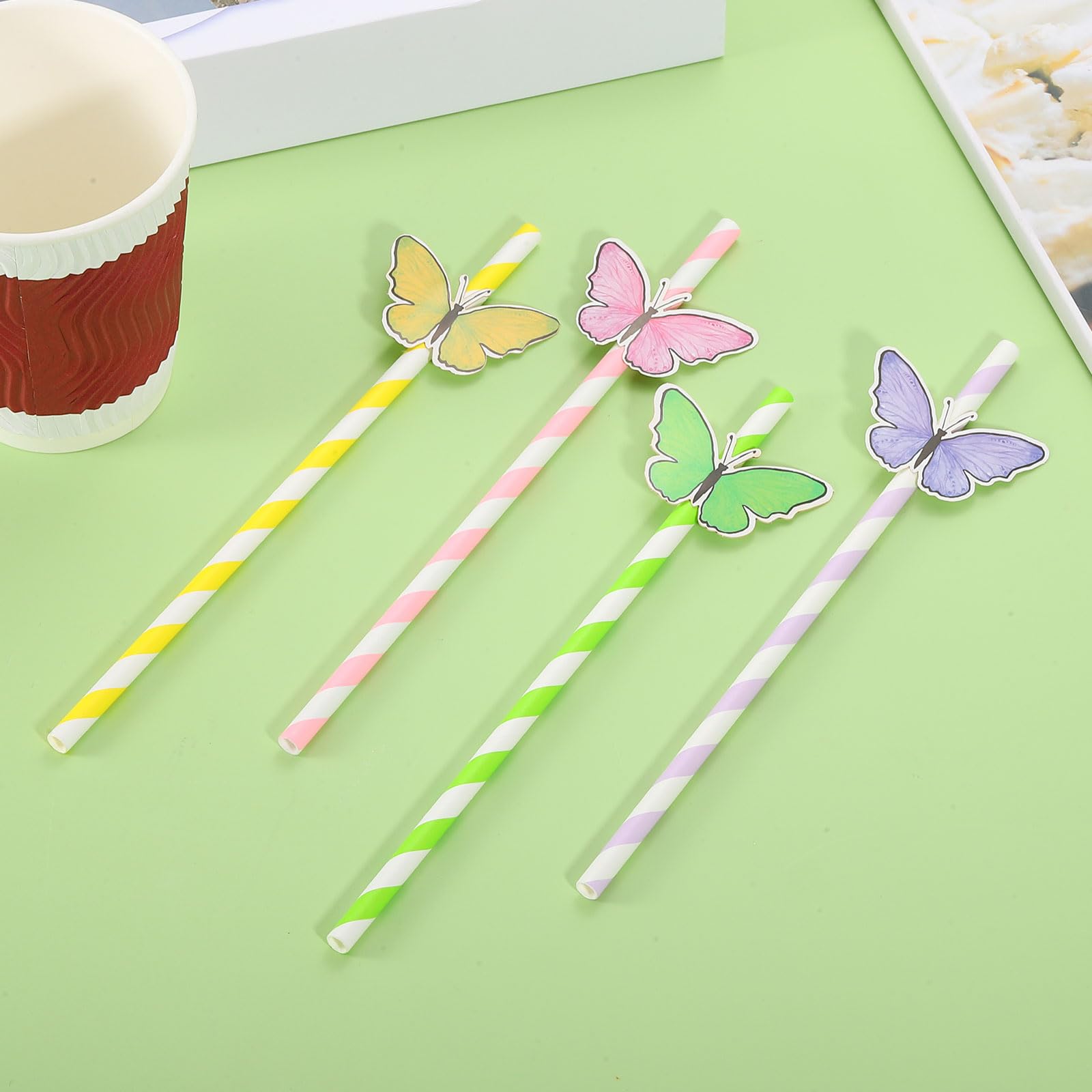 uxcell 80 pajitas de papel a rayas de mariposa, pajitas desechables para decoración de tartas para bodas, fiestas de cumpleaños, color rosa