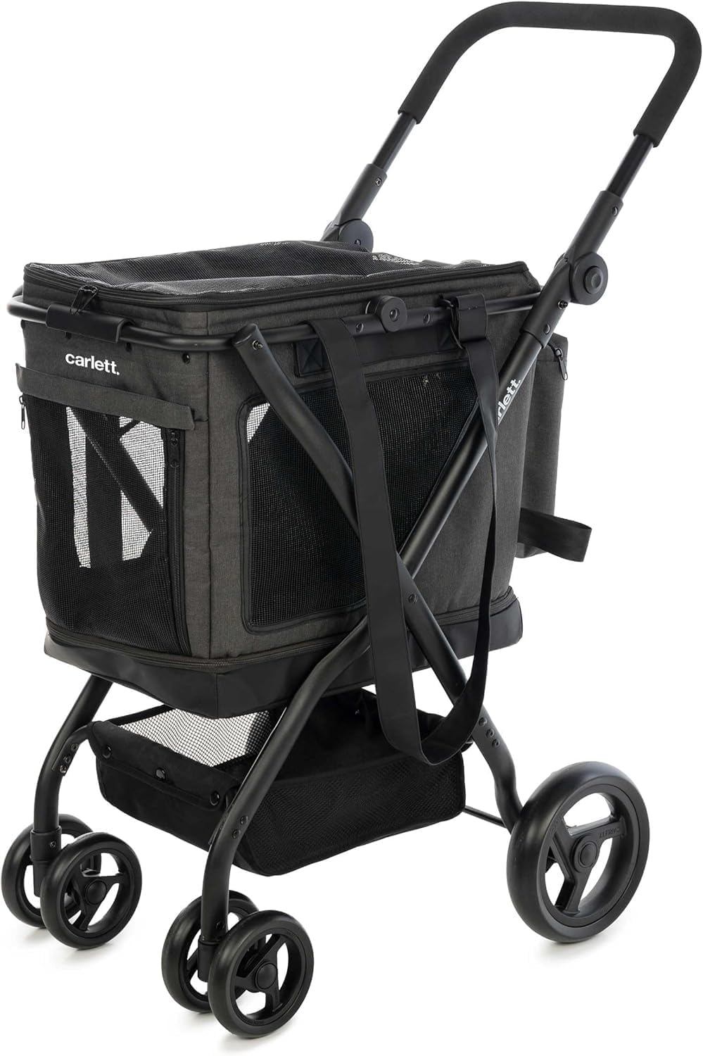 Carlett 3‑in‑1 Haustier-Trolley mit 360° drehbaren Rädern, wasserabweisend, als Transportbox nutzbar, kompatibel mit Autositz, inkl. Regenüberzug und Sicherheitsgurt – Cube P, Schwarz