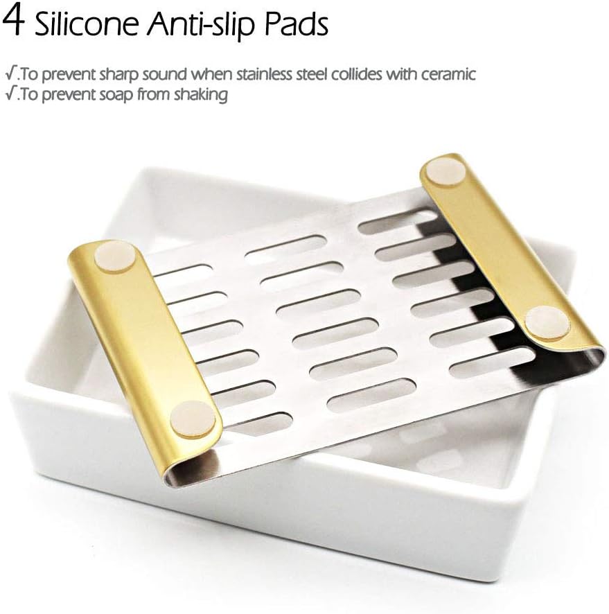YOCZOX Soap Dish Holder Stainless Steel Soap Holder with Ceramic Seat Silicone Anti-Slip Pads Nordic Style Soap Tray for Bathroom Shower Kitchen Organized Double Layer Draining - Image 3