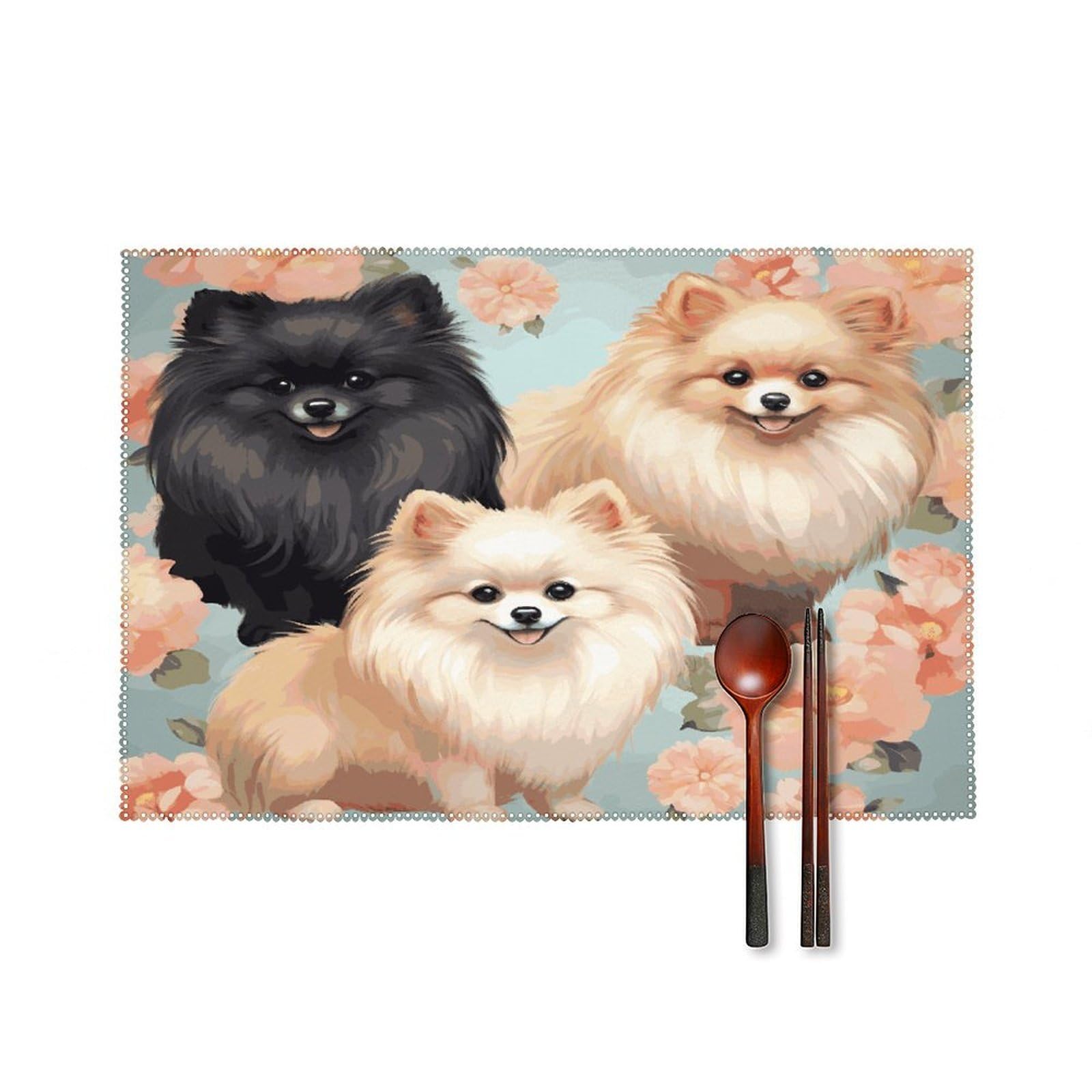 Pomeranians Pattern Placemats Set of 4 Canvas Place Mats Non-Slip Heat Resistant Table Mats Washable Waterproof Placemat Wipeable Tablemats for Kitchen Dining Decor Place Mat