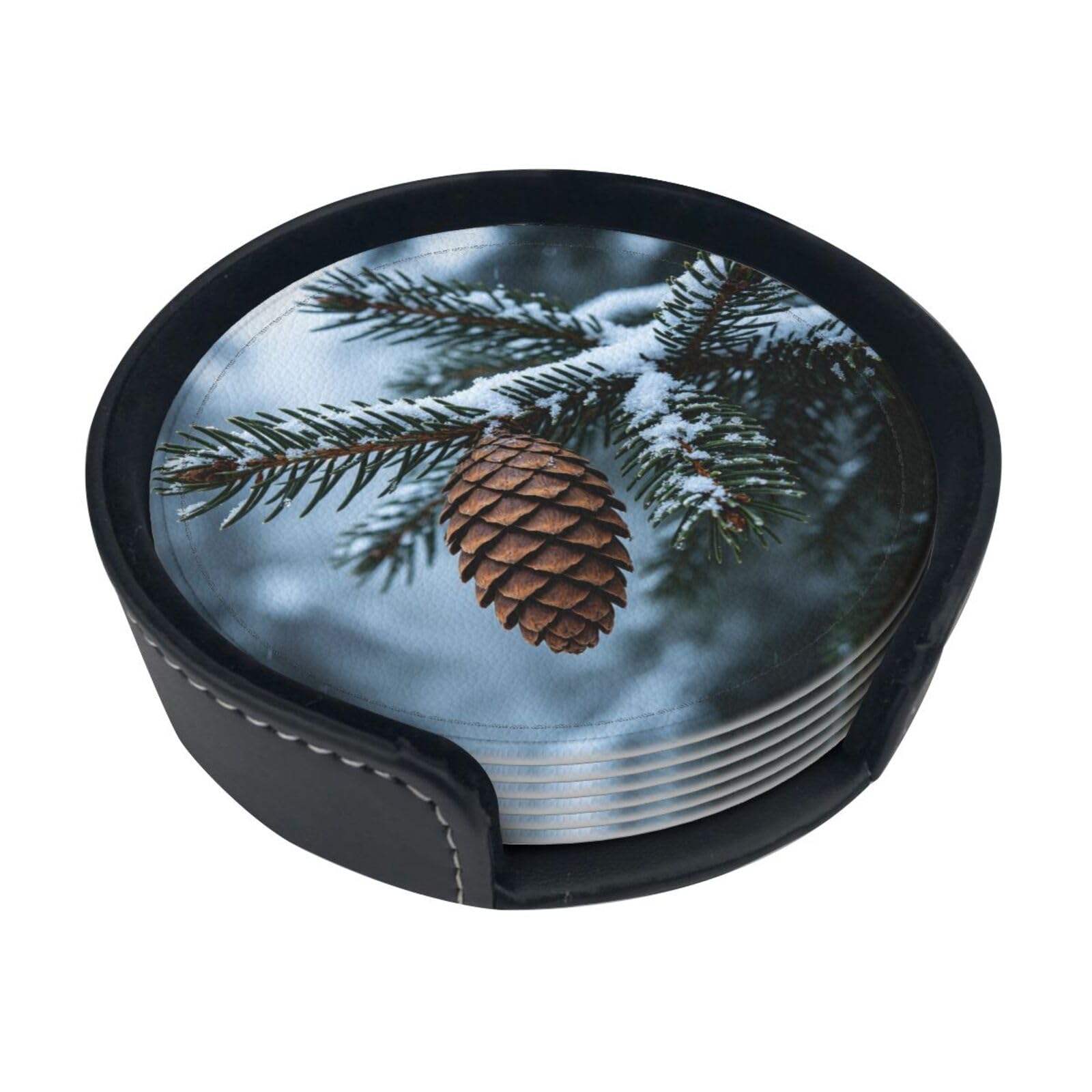 Cntdbu White Green Pine Branch Leather Coasters Set Of 6-Pu Leather Drink Mats For Table, Heat Resistant Round Coasters With Holder