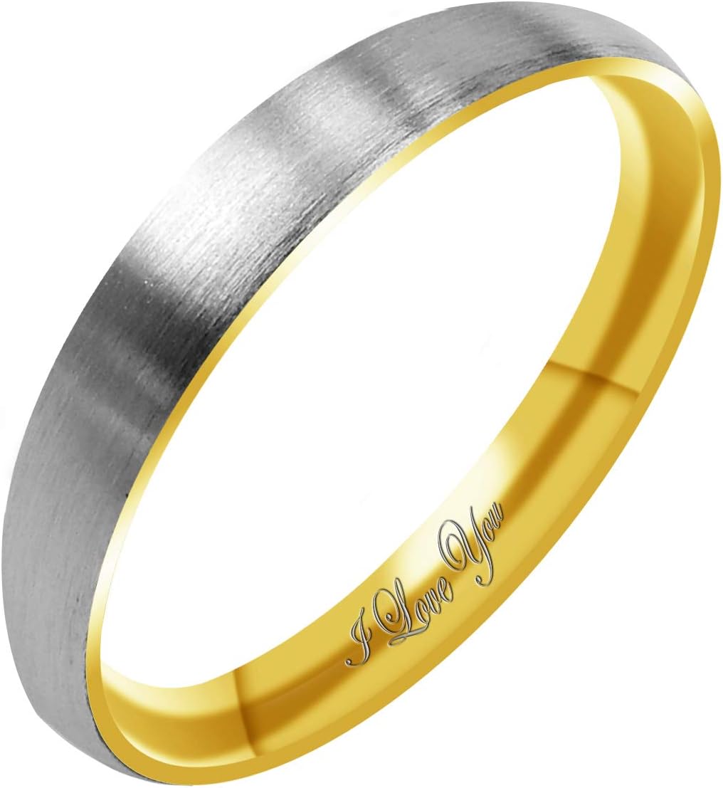 Everstone Women's Matte & Brushed 3MM & 5MM & 7MM Dome Promise Ring Wedding Bands Titanium Ring Two Tone Color: Yellow Gold & Platinum Engraved I Love You
