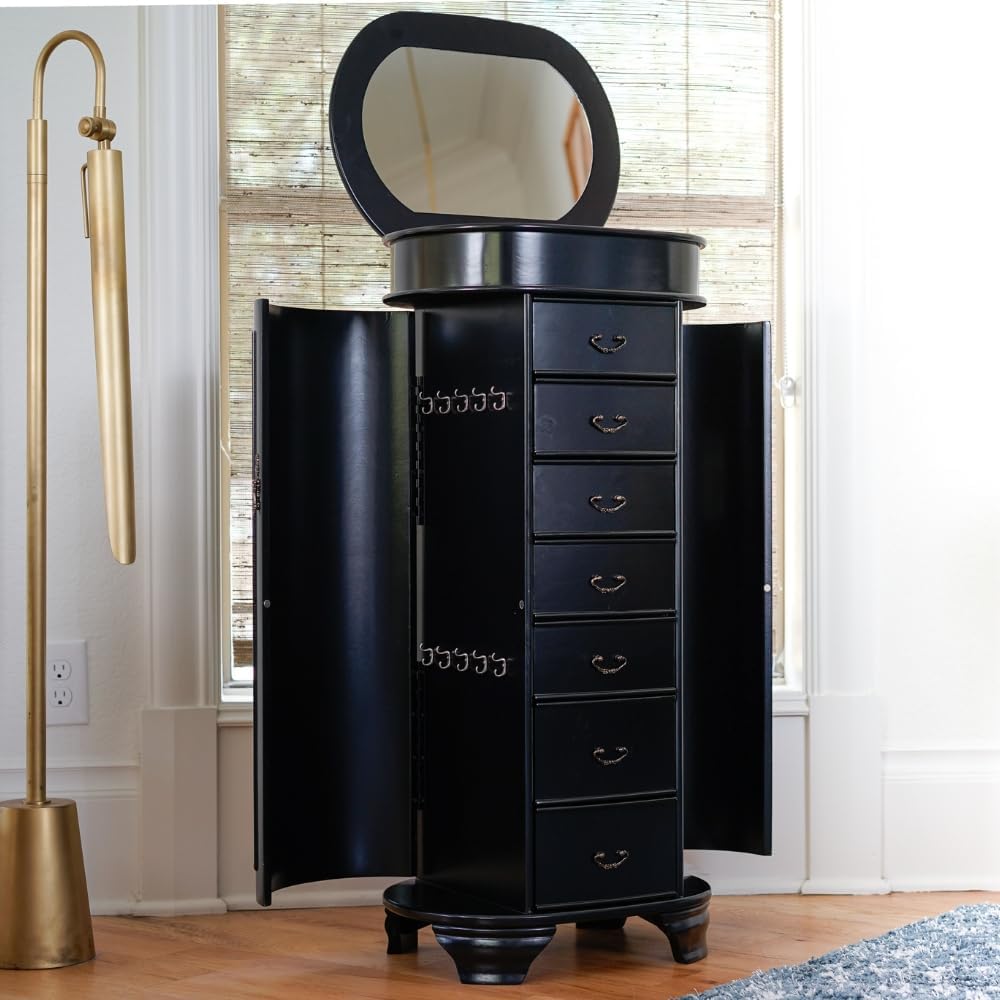 Alveare Home - Delilah Oval Jewelry Armoire - 7 Drawers Necklace Hooks Divided Compartments Mirror, Black
