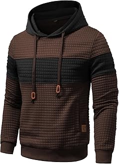 Qichic Men’s Sweatshirts Long Sleeve Pullover Patchwork Plaid Jacquard Hoodie Casual Drawstring Hoody Top