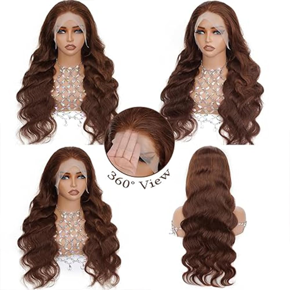 Swiss Lace Front Wig Body Wave 32 Inch 13x6 Chocolate Brown Brazilian Virgin Human Hair Pre Plucked Natural Hairline