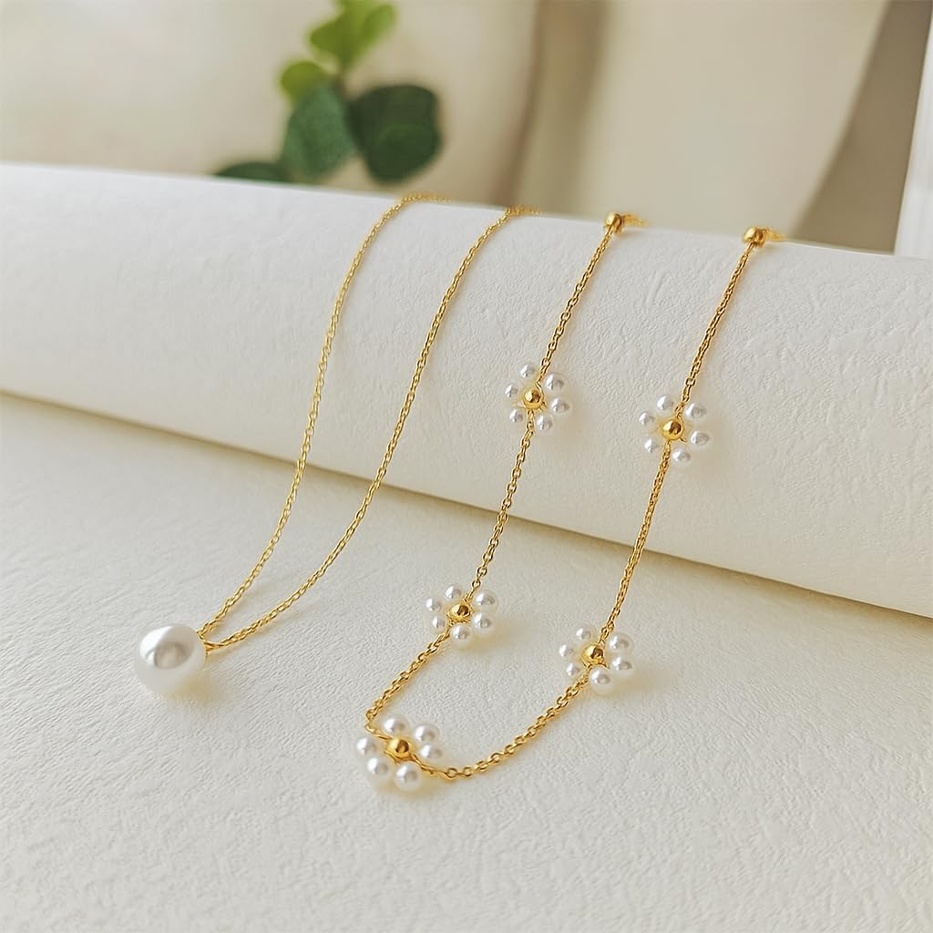 Gold Jewelry Set for Women - Dainty 14K Gold Plated Pearl Necklace and Earring Set with Drop Earrings, Bracelets, Choker Necklace - Wedding Jewelry Gift - Image 6