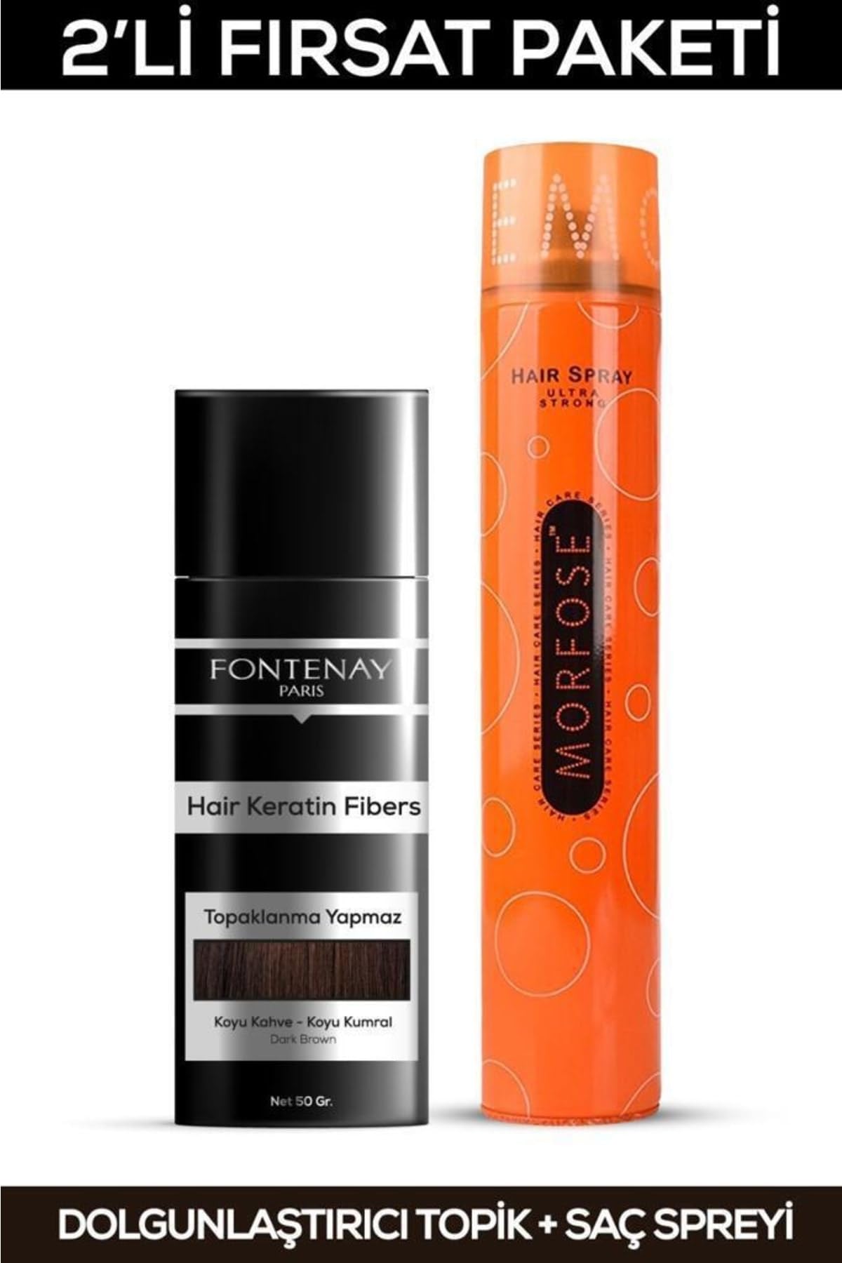 Fontenay Saç Dolgunlaştırıcı Keratin Fibers Koyu Kahve Topik Saç Tozu 50Gr + Saç Spreyi 400Ml 2'Li S Renkli
