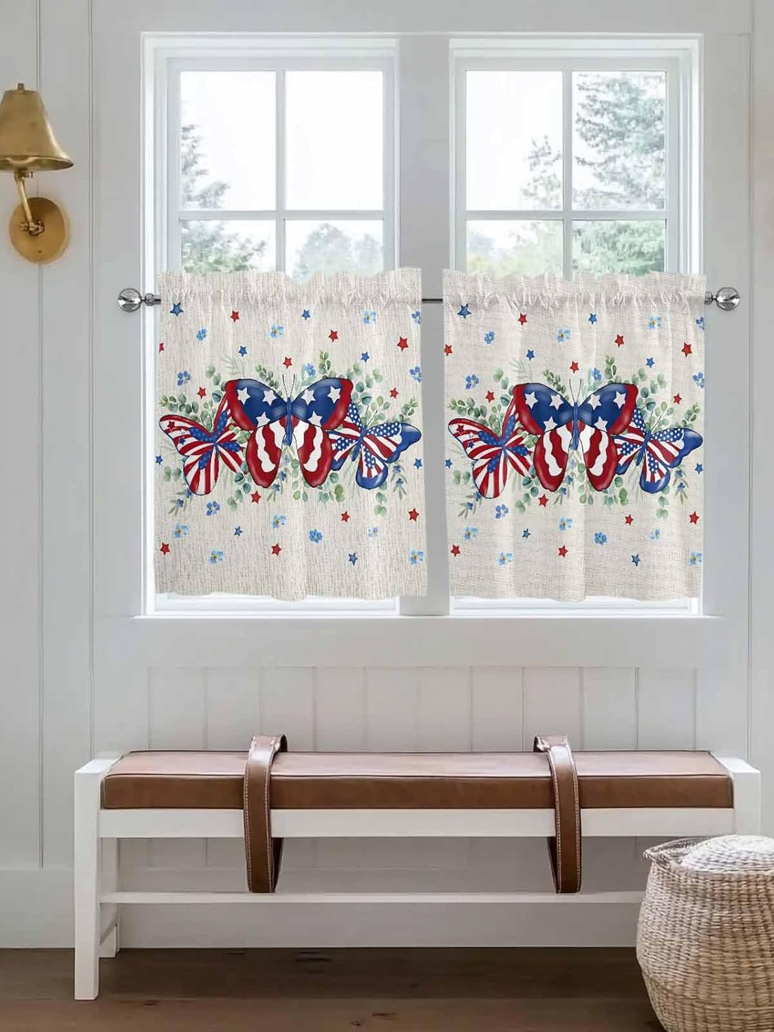 Independence Day Star Window Curtain Tiers 2 Panels Rod Pocket Semi Sheer Tier Curtains 27.5"x36", Butterfly Eucalyptus Leaves Flower Flag Curtain for Kitchen Bathroom Living Room Bedroom
