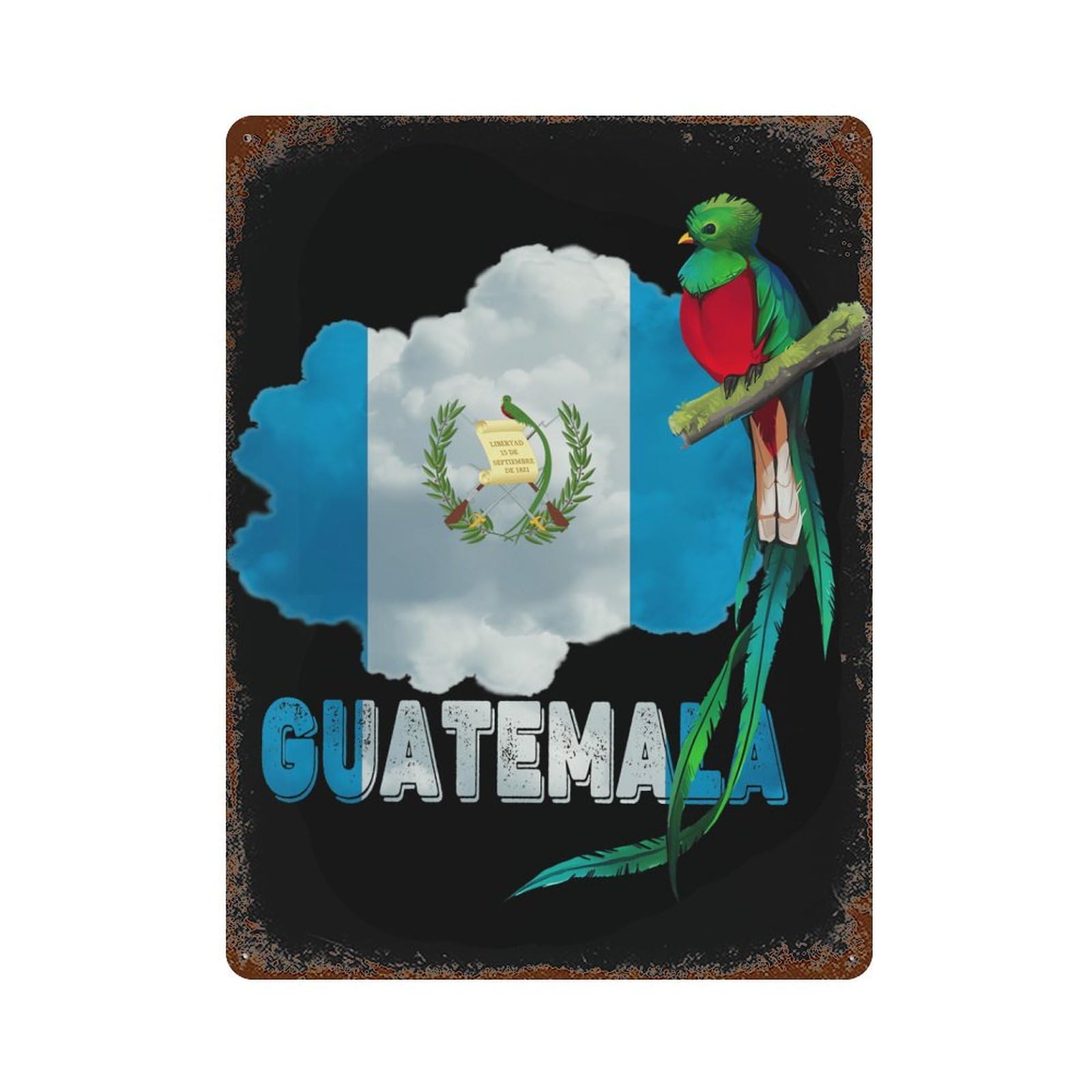 KWQDOZF Guatemalan Flag And Quetzal Bird Theme Metal Tin Sign,Vintage Iron Hanging Plate Vertical with Rust Poster Wall Decor 12x16inch