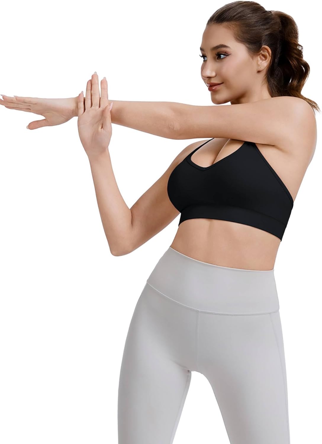 VEQKING Adjustable Sports Bras for Women, V Neck Cross Back Strappy Spaghetti Straps Padded Yoga Bra, 3 Pack