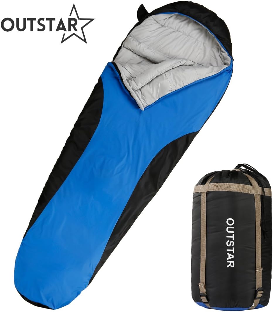 Lightweight Waterproof Envelope Sleeping Bag with Compression Sack for Kids,Boys, Girls, Teens & Adults. Indoor &Outdoor Camping, Travelling, Hiking & Backpacking (Blue & Black/Right Zip)