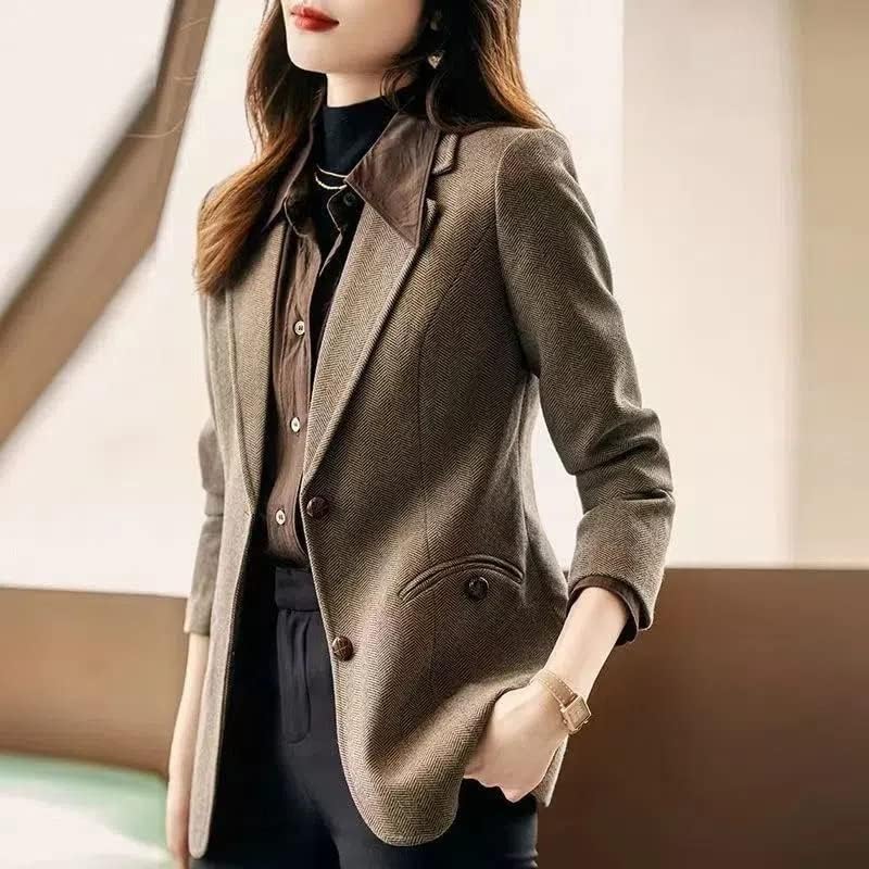 Herringbone Wool Blazer Womens Autumn Slim Office Ladies Blazers Coat Short Female Classic Casual Outwear