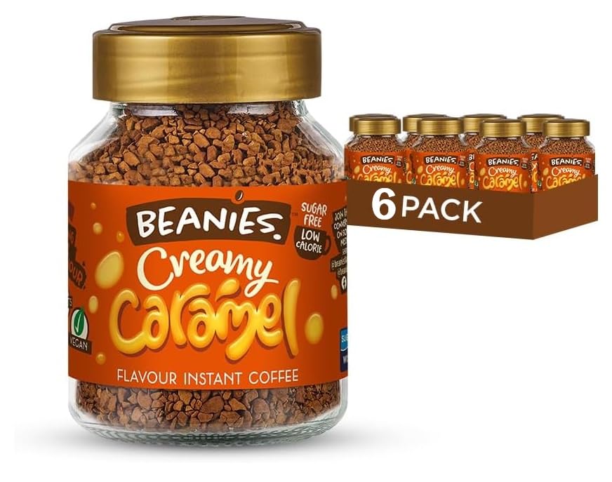 Beanies Instant Coffee with Creamy Caramel Flavour 300g (50g x 6 pack) - Delicious Rich in Flavour Low-Calorie Sugar-Free Coffee for Every Taste Suitable For Vegetarians And Vegans