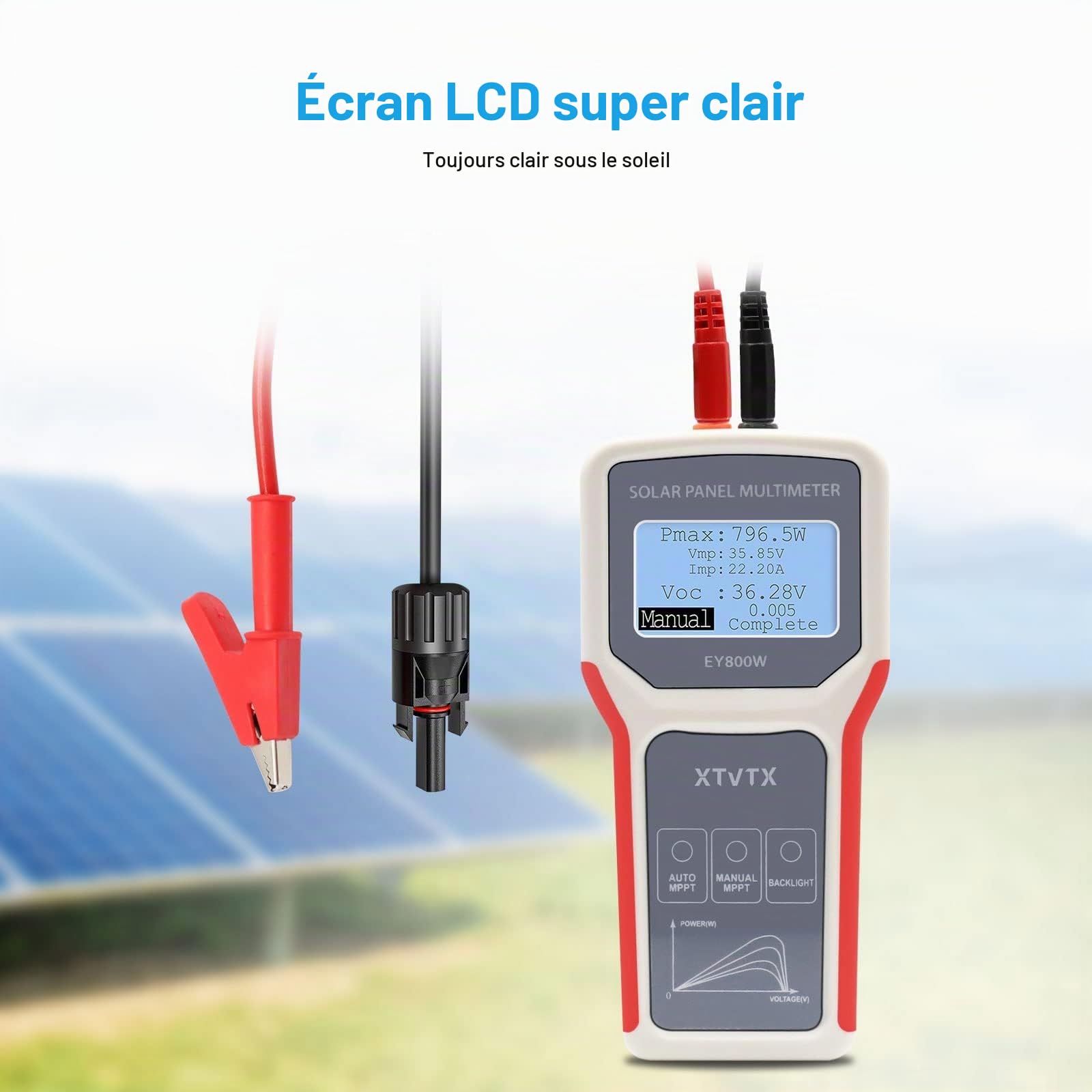 Testeur de panneau solaire, multimètre de panneau photovoltaïque style amélioré EY800W, avec écran LCD ultra clair
